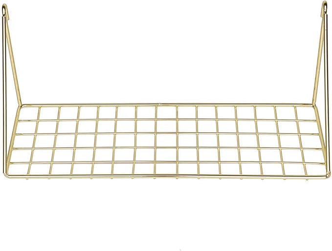 Straight Flat Display Shelf for Wall Grid Panel, Wire Hanging Organizer Rack Bin Storage Mountable, 11.8" Width x 4.3" Depth, Gold