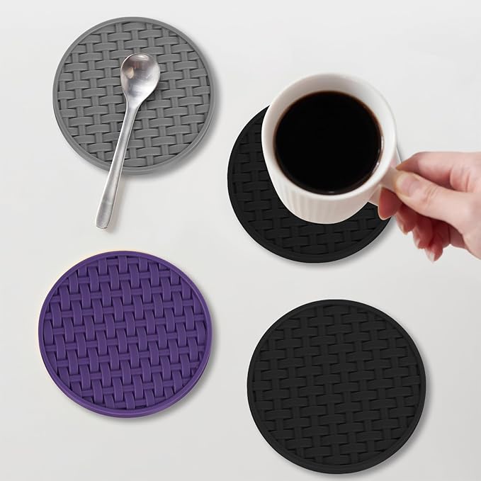 6 Pcs Black Silicone Coasters for Drinks, 4 Inch Heat-Resistant Non-Slip Waterproof Cup Mats, Durable Table Protection Pads for Coffee Mugs & Cups, Home Kitchen Office Decor, Housewarming Gift