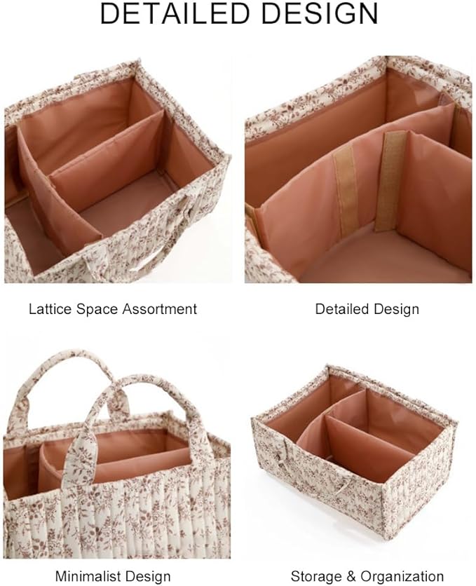 Quilted Fabric Storage Basket Floral Baby Diaper Caddy Quilted Basket Organizer for Newborn Nursery Bedroom Car Storage