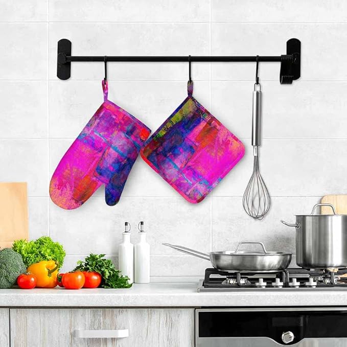 Mxocom Art Abstract Silicone Oven Mitts and Pot Holders Sets Bright Fuchsia Magenta Pink Red Yellow Green and Blue BBQ Gloves for Kitchen,Cooking,Baking,Grilling