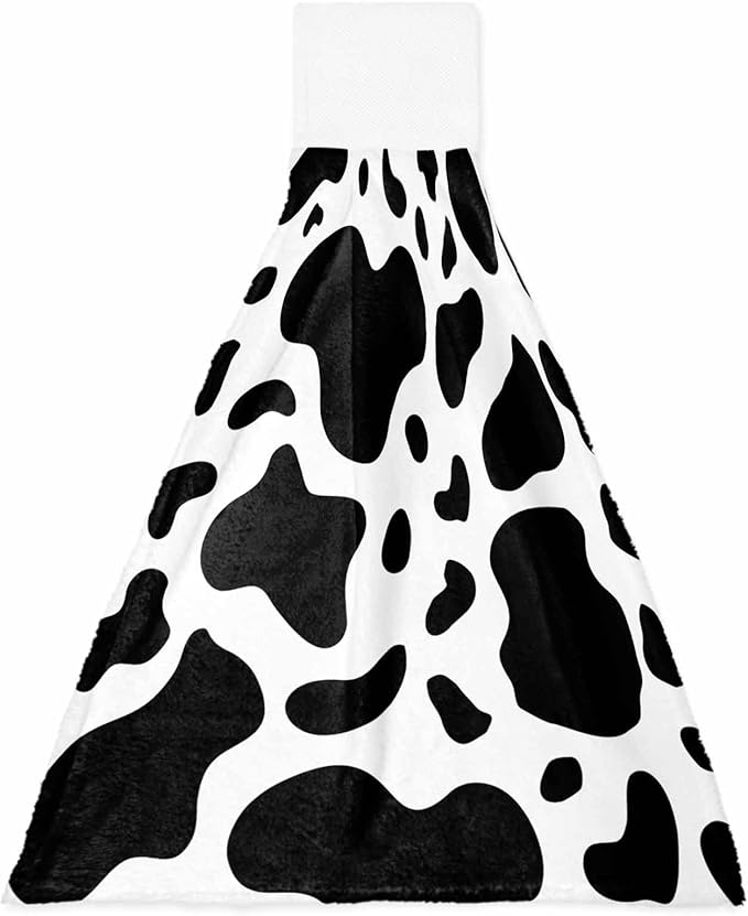 Kitchen Tie Towel Set of 1, Abstract Dairy Cattle Cow Skin Texture Absorbent Soft Hand Towels for Bathroom Hanging Towels, Black and White Animal Print Fast Drying Cleaning Cloth with Loop