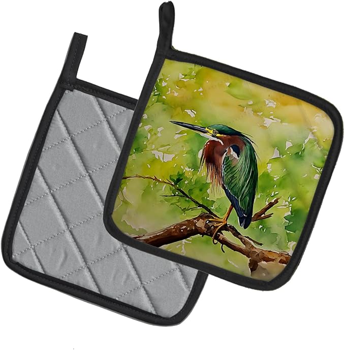 Caroline's Treasures Green Heron Pair of Pot Holders Kitchen Heat Resistant Pot Holders Sets Oven Hot Pads for Cooking Baking BBQ, 7 1/2 x 7 1/2