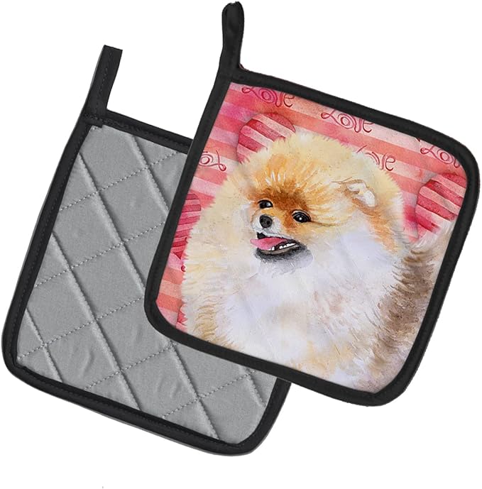 Caroline's Treasures BB9769PTHD Pomeranian Love Pair of Pot Holders, Red Kitchen Heat Resistant Pot Holders Sets Oven Hot Pads for Cooking Baking BBQ, 7 1/2 x 7 1/2
