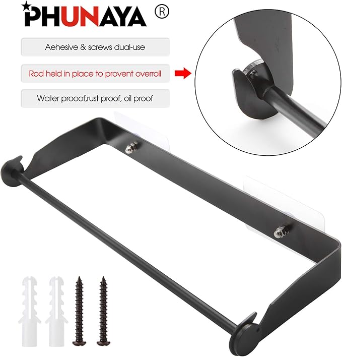 PHUNAYA Under Cabinet Paper Towel Holder Wall Mount for Home Kitchen,Stainless Steel for Large Rolls-Black