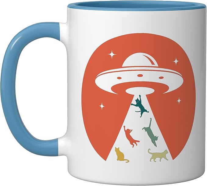 Cat UFO Funny Cat humor Kitten Owner UFO lover flying saucer Ceramic Mug, Blue/White