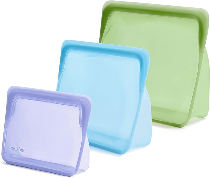Stasher Silicone Reusable Food Storage Bags, 3-Pack, Reusable Freezer Bags, Microwave, Dishwasher, Oven Safe, Sous Vide, Lunch Containers, Eco Friendly, Food-safe Silicone Snack Bag, Multicolor | Reusable Food Bags