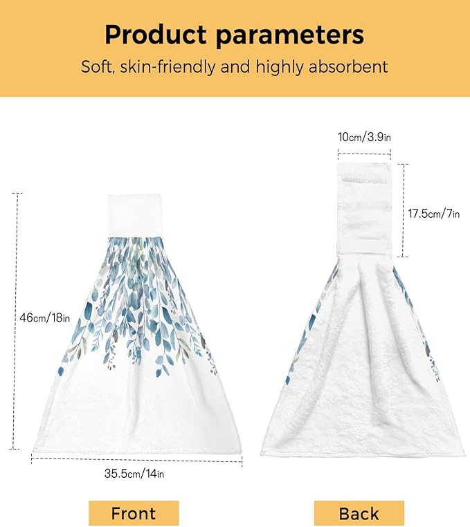 Alandar Home Kitchen Tie Towel Set of 2, Pastoral Blue Eucalyptus Leaves Absorbent Soft Hand Towels for Bathroom Hanging Towels, Idyllic Botanical on White Fast Drying Cleaning Cloth with Loop
