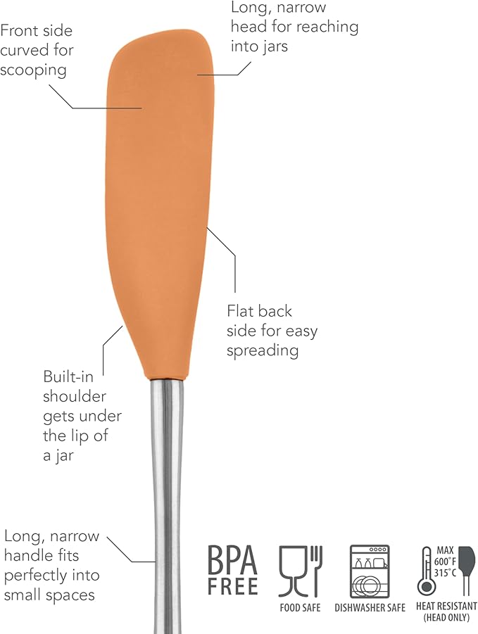 Tovolo Jar Spatula Silicone Long Stainless Steel Handle Scraper Spatula Apricot Orange, Jar Scraper Heat Resistant Dishwasher Safe BPA Free Kitchen Utensil for Scraping Spreading Jelly Peanut Butter