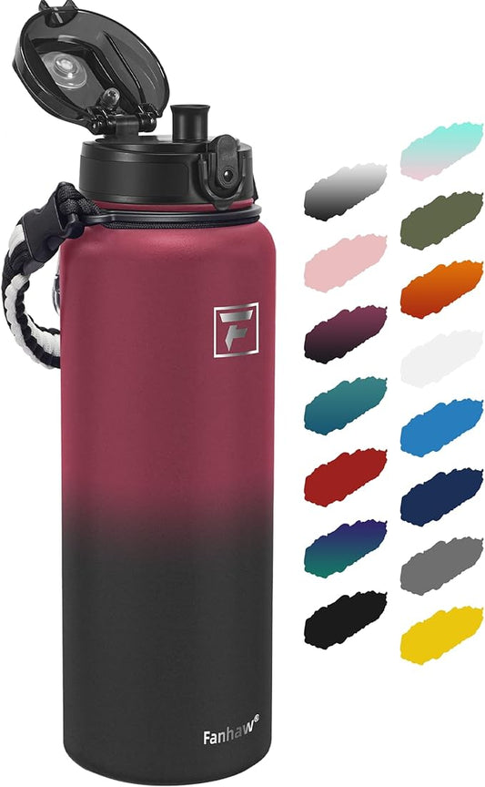 Fanhaw 40 oz Insulated Stainless Steel Water Bottle with Chug Lid, Leakproof & Sweat-Free Extra-Large Metal Bottle for Outdoor, Hiking & Gym (Red Black)