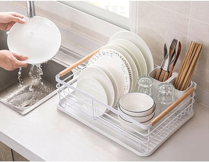 Kitchen Dish Drainer Metal Wire Cutlery Holder Drying Plate Rack Drip Tray Sink