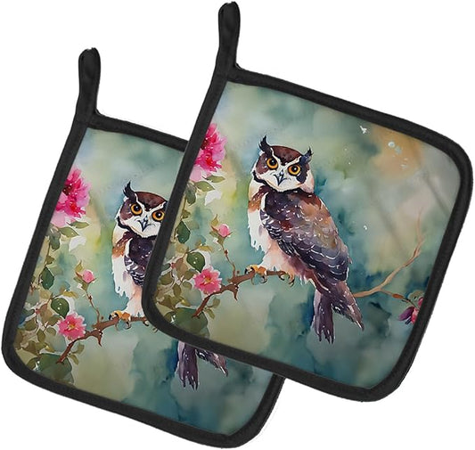 Caroline's Treasures Spectacled Owl Pair of Pot Holders Kitchen Heat Resistant Pot Holders Sets Oven Hot Pads for Cooking Baking BBQ, 7 1/2 x 7 1/2