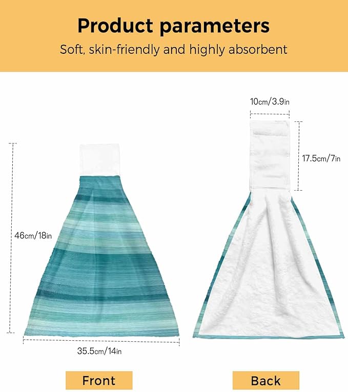 Alandar Home Kitchen Tie Towel Set of 2, Modern Cyan Green Gradient Stripes Absorbent Soft Hand Towels for Bathroom Hanging Towels, Abstract Lines Fast Drying Cleaning Cloth with Loop