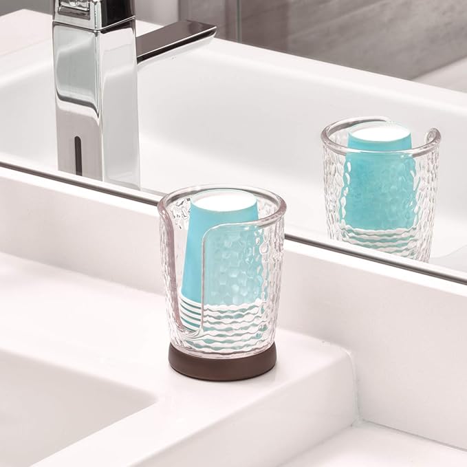 iDesign Rain Disposable Paper and Plastic Cup Dispenser Holder for Master, Guest, Kids' Bathroom Vanity and Countertops, 3.10" x 3.10" x 4", Clear and Bronze