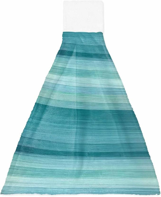 Alandar Home Kitchen Tie Towel Set of 1, Modern Cyan Green Gradient Stripes Absorbent Soft Hand Towels for Bathroom Hanging Towels, Abstract Lines Fast Drying Cleaning Cloth with Loop