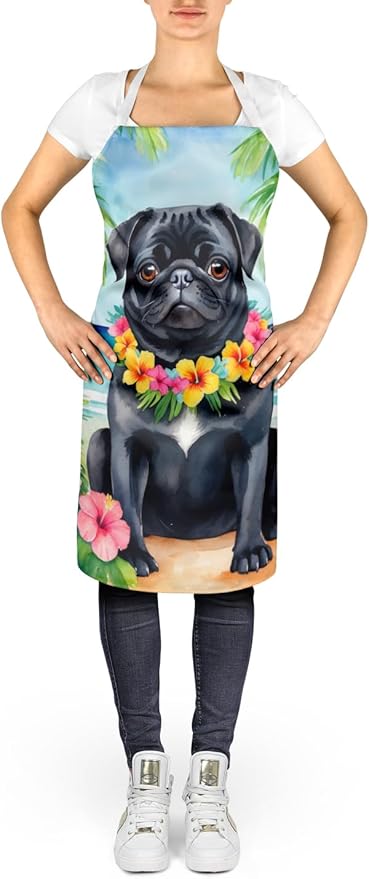Caroline's Treasures Black Pug Luau Apron Cooking Kitchen Server Baking Crafts Gardening for Adult Women Men, Unisex, Large, Multicolor