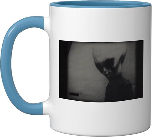 Skinny Bob Alien 1961 KGB Video Real Alien Grey Ceramic Mug, Blue/White