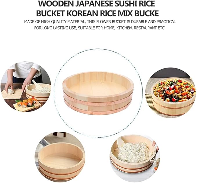 Round Sushi Rice Bowl Wooden Hangiri Sushi Oke Rice Mixing Tub with Copper Bands Rice Bucket Container Barrel for Restaurant Home Kitchen 30x7.5cm (42x10cm)