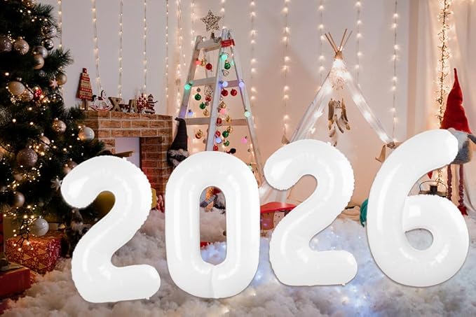 2026 Balloon Numbers - 40 Inch White New Years Eve Party Supplies 2026, Nye Decor Party Decorations Happy New Year, New Years Eve Foil Party Balloons, Graduation Party Decorations