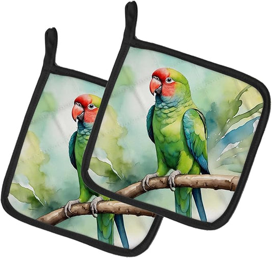 Caroline's Treasures African Ringneck Parrot Pair of Pot Holders Kitchen Heat Resistant Pot Holders Sets Oven Hot Pads for Cooking Baking BBQ, 7 1/2 x 7 1/2