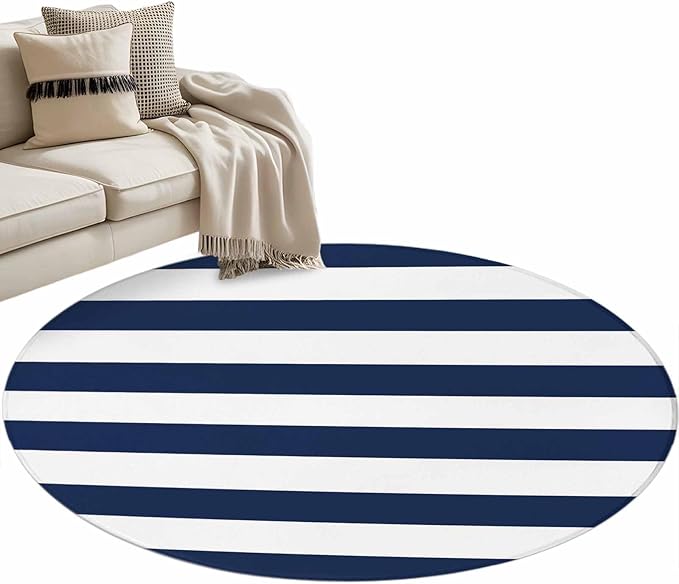 Washable Round Area Rug Nautical Black and White Stripes Circle Rugs Floor Carpet for Living Room Bedroom, Striped Soft Non Slip Round Rug 4ft