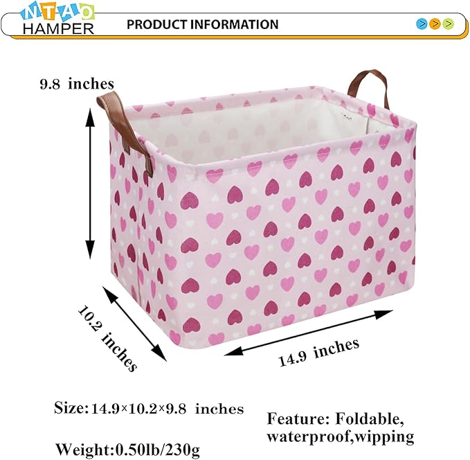 NTAOHAMPER Mothers Day Gifts Pink Purple Love Fabric Storage Basket Empty with Handles, Books Box, Baby Shower Baptism Lovely Storage24L(Pink Love)