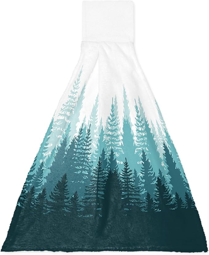 Alandar Home Kitchen Tie Towel Set of 1, Tree Forest Shadow Botanical Plants Absorbent Soft Hand Towels for Bathroom Hanging Towels, Teal Gradient on White Fast Drying Cleaning Cloth with Loop