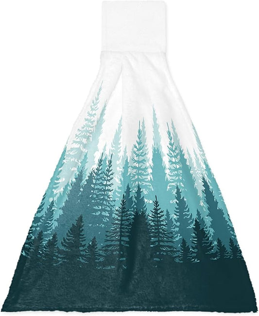 Alandar Home Kitchen Tie Towel Set of 1, Tree Forest Shadow Botanical Plants Absorbent Soft Hand Towels for Bathroom Hanging Towels, Teal Gradient on White Fast Drying Cleaning Cloth with Loop