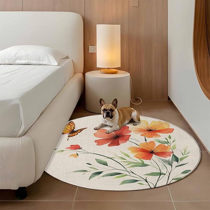 Washable Round Area Rug Summer Watercolor Flower Butterfly Circle Rugs Floor Carpet for Living Room Bedroom, Green Leaves Retro Linen Soft Non Slip Round Rug 3ft