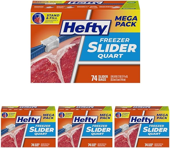 Hefty Slider Freezer Kitchen Storage Bags, Quart Size, 74 Count (Pack of 4)
