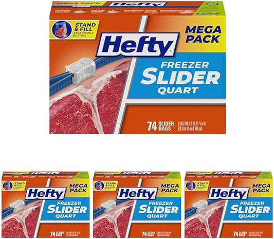 Hefty Slider Freezer Kitchen Storage Bags, Quart Size, 74 Count (Pack of 4)