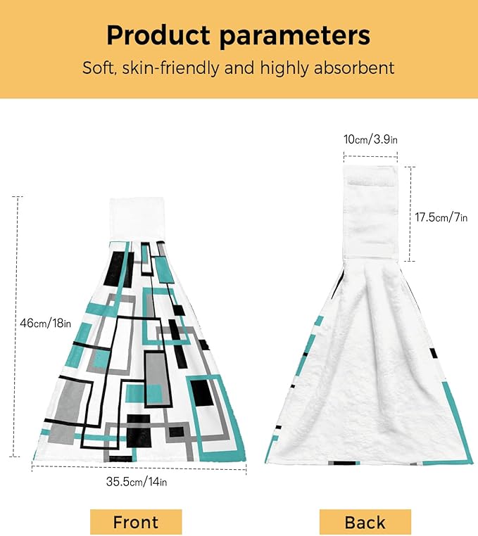 Alandar Home Kitchen Tie Towel Set of 2, Teal Abstract Geometric Retro Mid Century Absorbent Soft Hand Towels for Bathroom Hanging Towels, Nordic Style Fast Drying Cleaning Cloth with Loop
