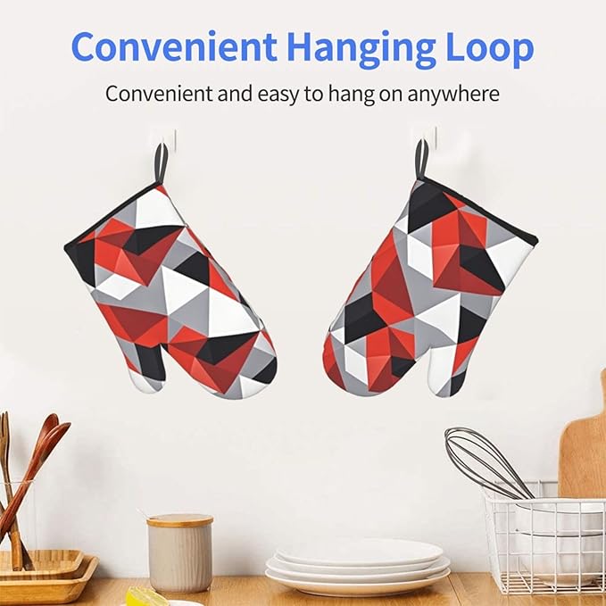 Red Black Gray Geometric Oven Mitts of 2-Pack Set, Funny Kitchen Gloves Heat Resistant Non-Slip Kitchen Mitts for Cooking Baking Grilling