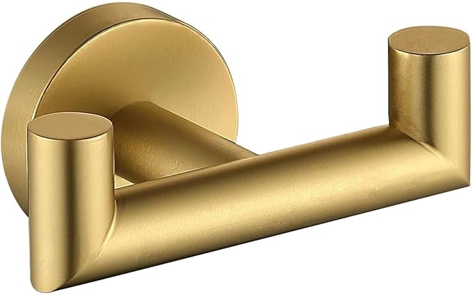 Towel Hooks for Bathrooms, Brushed Gold Towel Hook for Kitchen Bathroom, SUS304 Stainless Steel Coat Hook, Heavy Duty Double Towels Holder Hooks for Hanging Towels,Coats, sponges, Wall Mount, 1 Pack