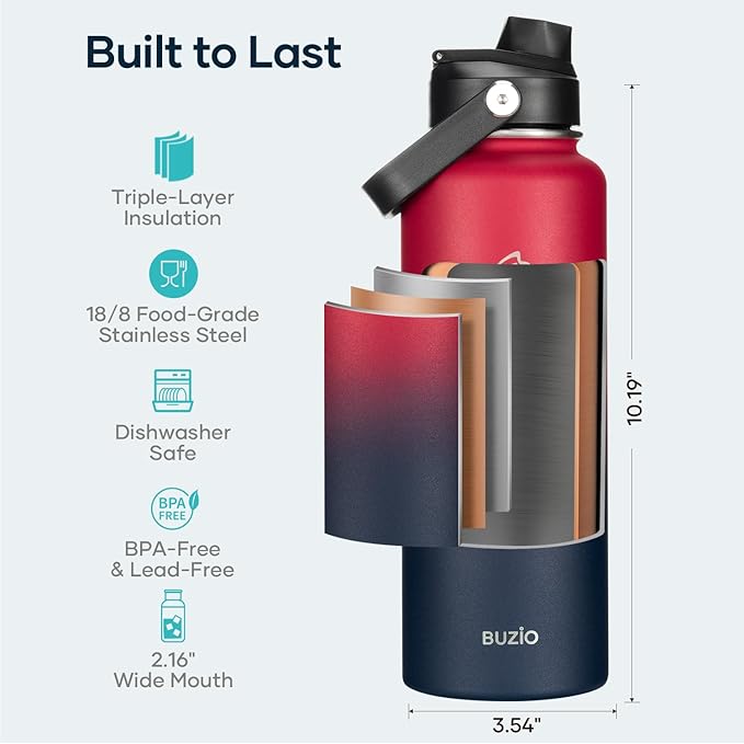 BUZIO 40oz Insulated Water Bottle, Triple Wall Vacuum Stainless Steel Water Flask with 2 lids, Leakproof BPA-Free Straw Lid Sports Canteen Jug, Cold 48H & Hot 24H- Ruby Red Navy