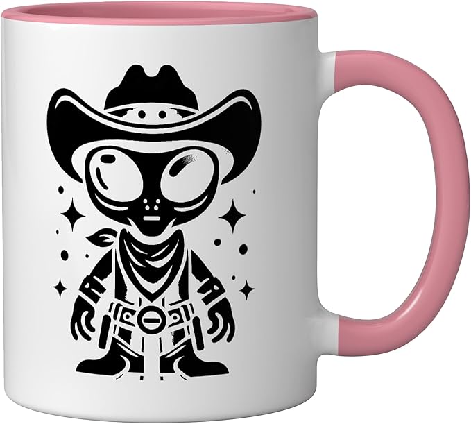 Alien Lover Flying Saucer UFO Extraterrestrial Cowboy Ceramic Mug, Pink/White