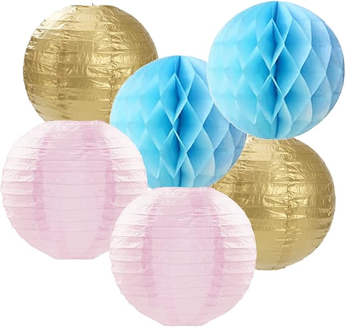 OURUOLA Pink Blue-Gold Party-Decorations Streamers Lanterns - 14pcs Gender Reveal Boy or Girl Birthday Paper Lanterns Fan,Tissue Pom Poms Streamer, Honeycomb Balls Decor