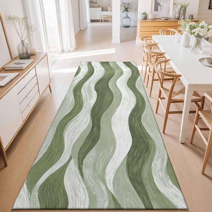 Runner Rug for Bedroom Hallway, Modern Sage Green Gradient Stripe Kitchen Runner Rugs Area Rug 2x6ft, Abstract Ocean Wave Washable Soft Floor Carpet for Entryway Stair