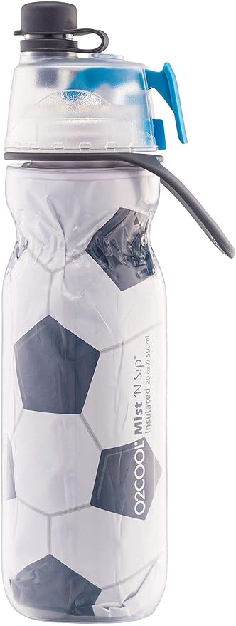 O2COOL Mist 'N Sip Misting Water Bottle 2-in-1 Mist And Sip Function With No Leak Pull Top Spout Reusable Sports Water Bottle - 20 oz (Soccer)