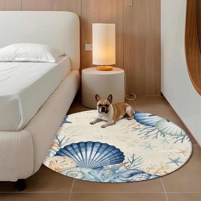 Washable Round Area Rug Summer Blue Shells Starfish Circle Rugs Floor Carpet for Living Room Bedroom, Vintage Coral Shells Fish Soft Non Slip Round Rug 3ft
