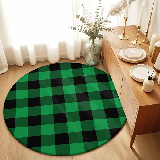 Washable Round Area Rug St. Patrick's Day Lucky Green Black Plaid Circle Rugs Floor Carpet for Living Room Bedroom, Buffalo Lattice Soft Non Slip Round Rug 3ft