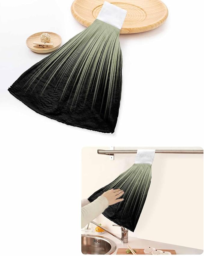 Alandar Home Kitchen Tie Towel Set of 1, Sage Green Black Striped Art Absorbent Soft Hand Towels for Bathroom Hanging Towels, Abstract Line Gradient Fast Drying Cleaning Cloth with Loop
