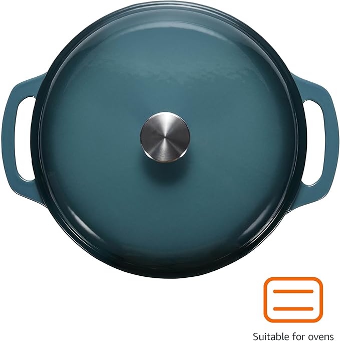 Amazon Basics Enameled Cast Iron Dutch Oven Pot with Lid, Oven Safe, Heavy-Duty, Dual Handles for Braising, Stews, Roasting, Round, 6-Quart, Gray