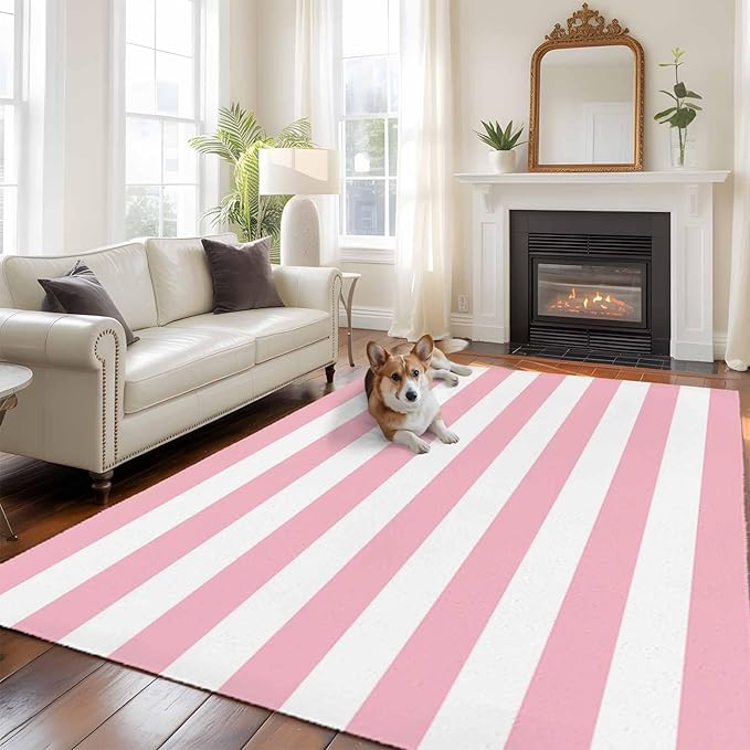 Area Rug 6x9ft, Pink White Stripe Washable Rugs for Living Room Bedroom, Classic Geometric Line Soft Non-Slip Area Rugs Rectangle Floor Carpet for Dining Room