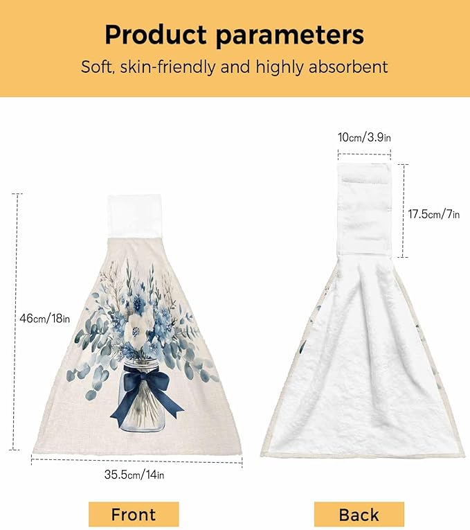 Alandar Home Kitchen Tie Towel Set of 2, Blue Eucalyptus Leaves Vase on Linen Absorbent Soft Hand Towels for Bathroom Hanging Towels, Spring Flower Leaf Fast Drying Cleaning Cloth with Loop