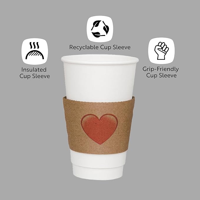 Restaurantware Coffee Sleeves Pack of 50 Corrugated Kraft Paper Coffee Cup Sleeves Fit for 12,16, 20-Ounce Hot Beverages Drinkwares Secure Grip Disposable with Heart Emoji for Valentine's Day