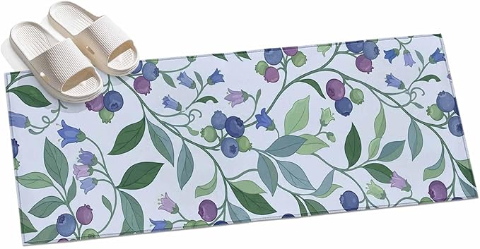 Runner Rug for Bedroom Hallway, Blueberries Bell Flowers Kitchen Runner Rugs Area Rug 2x6ft, Modern Watercolor Plants Washable Soft Floor Carpet for Entryway Stair