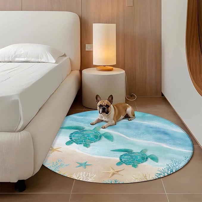 Washable Round Area Rug Sea Turtle Starfish Coral Circle Rugs Floor Carpet for Living Room Bedroom, Summer Seaside Ocean Life Soft Non Slip Round Rug 5ft