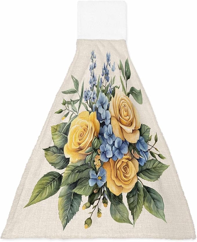 Alandar Home Kitchen Tie Towel Set of 1, Watercolor Blue Yellow Roses Absorbent Soft Hand Towels for Bathroom Hanging Towels, Vintage Country Floral Fast Drying Cleaning Cloth with Loop