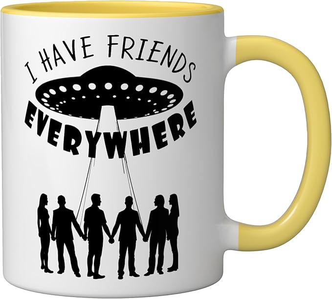 I Have Friends Everywhere UFO Silhouette Graphic Ceramic Mug, Yellow/White