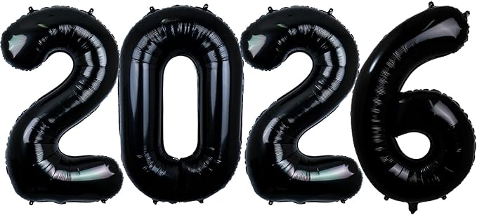 40 Inch 2026 Pack of 4 Black Big Helium Foil Balloon Numbers Large Mylar Number for Christmas New Year's Eve Party Graduation Birthday